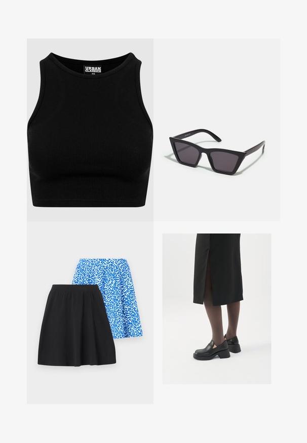 Črni rebrasti kratki top z okroglim izrezom in brezrokavnim dizajnom. Narejen iz raztegljive, teksturirane tkanine. Etiketa nosi napis "Urban Classics."; Dve krila: eno črno, izdelano iz mehkega blaga; drugo modro z leopardjim vzorcem, ki ima elastičen pas za udobje.; Črne usnjene čevlje s zaobljenim prstom, debelim blokastim petama in elastičnimi stranskimi detajli, v kombinaciji s temno nogavicami in črno krilo z razporkom.; Črne, angularne sončne očala z sivimi lečami; izdelana iz plastike, imajo debele ročke z gladko površino in brez vidne opreme.; Srebrne uhane v obliki obroča z minimalističnim dizajnom. Krožna oblika, gladka tekstura in tanek profil. Lahki s poliranim zaključkom.