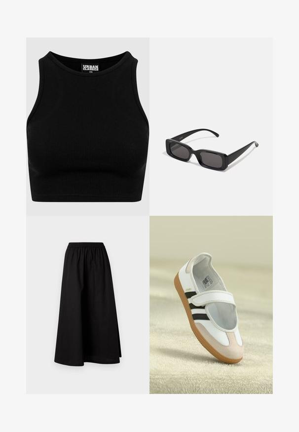 Svart ribbet, cropped topp med rund halslinning og uten ermer. Laget av et strekkbart, teksturert stoff. Merket sier "Urban Classics."; Svart, knelengde skjørt laget av lett materiale med elastisk midjebånd og en avslappet, A-line silhuett. Har ingen synlige mønstre.; Hvit sko med en rosa semsket tå, svarte striper og en borrelåsrem. Har en tan gummisåle og en logo på siden.; Svarte rektangulære solbriller med mørke linser, glanset overflate, brede stenger og en kraftig rammedesign. Graveret merkenavn på en stang.