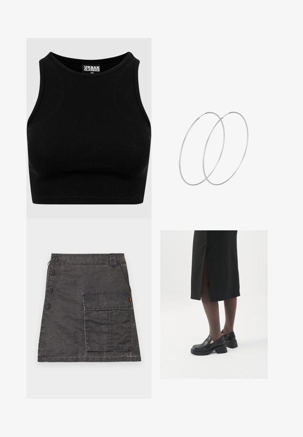 Melnas ribētas īsās blūzes ar apaļu kakla izgriezumu un bez piedurknēm. Izgatavota no elastīga, teksturēta auduma. Uz birkas rakstīts "Urban Classics."; Pelēka svārku drāna ar teksturētu audumu, priekšā ar pogu aizdari un sānu kabatu. Iespējas ar nedaudz nolietotu izskatu un izšūtiem detalizējumiem.; Melni ādas apavi ar noapaļotu purngalu, biezām bloku papēžiem un elastīgiem sānu akcentiem, apvienoti ar tumšām zeķubiksēm un melnu svārku ar šķirbu.; Sudraba gredzenveida auskari ar minimālistisku dizainu. Cirkulāra forma, gluda tekstūra un plāns profils. Vieglu svaru ar spīdīgu apdari.