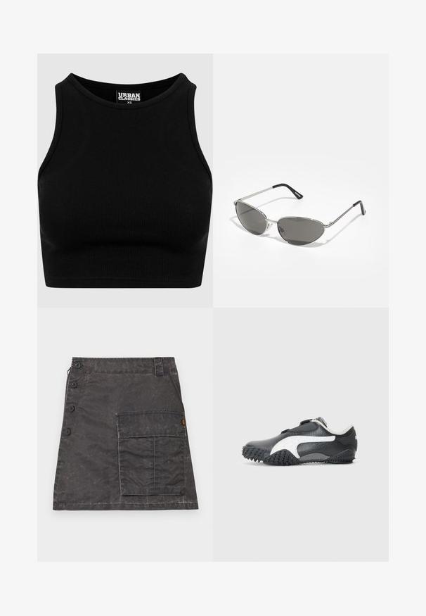Svart ribbet, cropped topp med rund halslinning og uten ermer. Laget av et strekkbart, teksturert stoff. Merket sier "Urban Classics."; Grå skjørt laget av teksturert stoff med frontknapplukking og sidelomme. Har et subtilt slitt utseende og sydd detaljer.; Sorte atletiske sko med teksturert overdel, hvite detaljer og gummisåle med piggmønster for grep. Justerbar stroppfesting.; Solbriller med en slank, sølvmetallisk ramme, gråtonede linser og et aerodynamisk design med spisse kanter og tynne armer.; Svart quiltet tote-veske med stor åpning, buede former på overflaten, og en etikett med gul og hvit tekst på forsiden.
