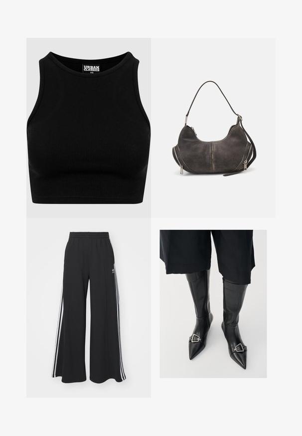 Sort ribbet cropped top med rund halsudskæring og uden ærmer. Lavet af et strækbart, tekstureret stof. Mærket siger "Urban Classics."; Sorte brede sweatpants med elastisk talje, med hvide sidelommer og et broderet logo på venstre lår.; Sorte læder knæhøje støvler med spidse tæer og sølv spændeaccent. Har en lynlås på indersiden og en glat tekstur.; Hobo taske i mørkegrå ruskind med buet form, top-håndtag og sidelommer med metalzipper. Glat tekstur og synlige sømdetaljer.