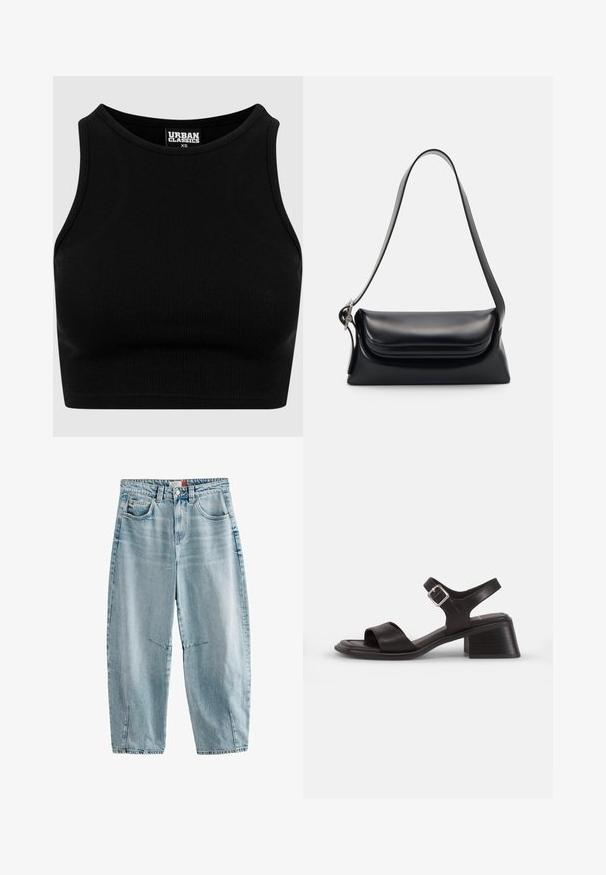 Juodas gumbuotis supjaustytas viršus su apvaliu iškirpimu ir be rankovių dizainu. Pagamintas iš tamprios, tekstūruotos medžiagos. Etikėtė sako "Urban Classics".; Šviesiai mėlyni džinsai su aukštu liemeniu, laisvu kirpimu, dviem priekinėmis kišenėmis, subtiliu išblukimu ir šoninėmis skeltuvėmis apačioje.; Juodas odinis šlepetes su atvira pirštų dalimi, plačia juostele per pėdą ir kulkšnies juosta su sidabriniu sagtimi. Bloko kulno dizainas.; Juodas odinis rankinės krepšys su struktūrizuota forma, glotnia tekstūra ir viena petneša. Pasižymi subtiliu, apvaliu dangčiu.