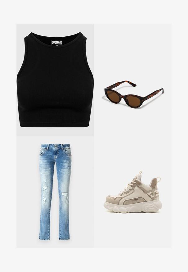 Top cropt de culoare neagră, cu textură rib-altă, guler rotund și fără mâneci. Fabricat dintr-un material elastic, texturat. Eticheta indică "Urban Classics."; Jeans din denim de culoare albastră deschisă, cu croială lejeră, având detalii uzate, un sistem de închidere cu două butoane și picioare drepte.; Buffalo CHAI - Sneakers low - beige/cream; Ochelari de soare tortoiseshell maronii cu o formă retro de ochi de pisică și lentile maronii. Au brațe curbate cu accente roșii.; Geantă de mână din piele neagră, cu clapetă și un detaliu din metal auriu. Include o curea neagră și un design elegant, minimalist.; Cercei cercuri din aur cu un finisaj neted și strălucitor. Design circular cu un mic suport și un spate transparent pentru o purtare sigură.