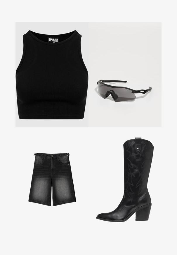 Black ribbed cropped top with a round neckline and sleeveless design. Made from a stretchy, textured fabric. Label reads "Urban Classics."; Black denim shorts featuring a faded finish, five pockets, a button closure, and belt loops. The fabric has a smooth texture.; Black leather cowboy boot with pointed toe, high heel, and decorative stitching in lightning bolt pattern along the shaft.; Sports sunglasses with a full wrap-around black plastic frame, dark tinted lenses, and distinctive angular design. Flexible ear arms for comfort.