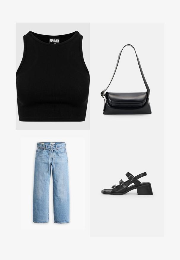 Must mustriba lõikega lühike must topp, ümmarguse kaelusega ja ilma varrukateta. Valmistatud venivast, tekstuuriga kangast. Etikett ütleb "Urban Classics."; Heledad sinised laiad püksid kõrge vöökohaga, nupukese ja tõmbluku sulgemisega ning nööridega detailiga vöökoht. Tooriku serv.; Must kuit sandaalid, millel on kolm reguleeritavat kinnitust, ruudukujuline nina ja kitsas plokk-konts. Siledat tekstuuri ja minimalistisch disain.; Mustriga musta nahast käekott, millel on struktuurne kuju, sile tekstuur ja üks õlarihm. Omab peent, ümarat klappi.