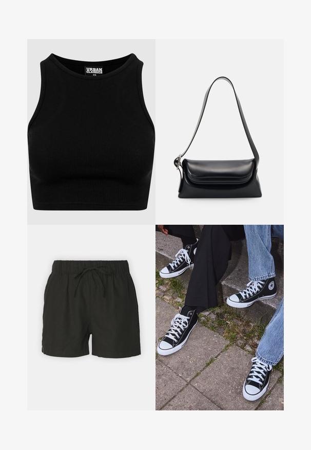 Schwarzes geripptes Cropped-Top mit rundem Ausschnitt und ärmellosem Design. Hergestellt aus einem dehnbaren, strukturierten Stoff. Etikett mit der Aufschrift "Urban Classics."; Schwarze Leinen-Shorts mit elastischem Bund und verstellbarem Kordelzug. Sie haben ein einfaches Design und eine atmungsaktive Textur.; Schwarzecanvas-Sneaker mit hohem Schaft, weißen Gummisohlen und Schnürsenkeln, die ein rundes Logo an der Seite besitzen und mit Denim- sowie schwarzen Hosen kombiniert sind.; Schwarze Lederhandtasche mit strukturiertem Design, glatter Textur und einem einzelnen Schulterriemen. Verfügt über ein dezentes, abgerundetes Klappendesign.