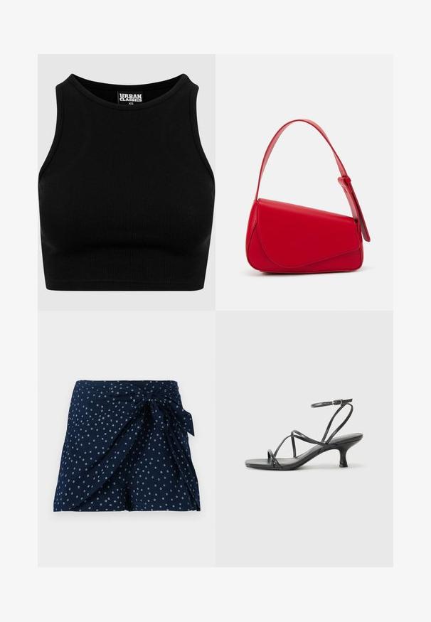 Černý žebrovaný cropped top s kulatým výstřihem a bez rukávů. Vyroben z pružné, texturované látky. Etiketa nese nápis "Urban Classics."; Námořnické modré kraťasy s wrapping designem a detailním předním vázáním. Obsahují rozptýlený kruhový bílý vzor. Vyrobeno z lehkého materiálu.; Černé sandály na podpatku s tenkými řemínky, otevřenou špičkou a malým, rozšířeným podpatkem. Materiál se zdá být hladký a lesklý.; Červená kožená kabelka s ostrým, geometrickým designem. Má jeden nastavitelný popruh a klopu s prošívanými detaily.