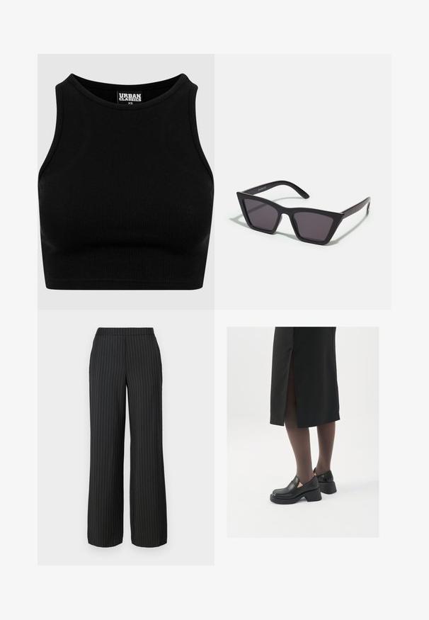 Čierny rebrovaný kratší top s okrúhlym výstrihom a bezrukávovým dizajnom. Vyrobený z pružnej textúrovanej látky. Na etikete je napísané "Urban Classics."; Čierne nohavice s širokými nohavicami a prúžkovaným vzorom, s rovný pásom a dvoma bočnými vreckami, vyrobené z hladkej tkaniny.; Čierne kožené topánky s okrúhlou špičkou, silným blokovým opätkom a elastickými bočnými akcentmi, skombinované s tmavými pančuchami a čiernou sukňou so štiepením.; Čierne, ostré slnečné okuliare so sivými sklami; vyrobené z plastu, majú hrubé ramená s hladkým povrchom a bez viditeľnej mechaniky.; Strieborné kruhové náušnice s minimalistickým dizajnom. Cirkulárny tvar, hladký povrch a tenký profil. Ľahké s lesklým povrchom.