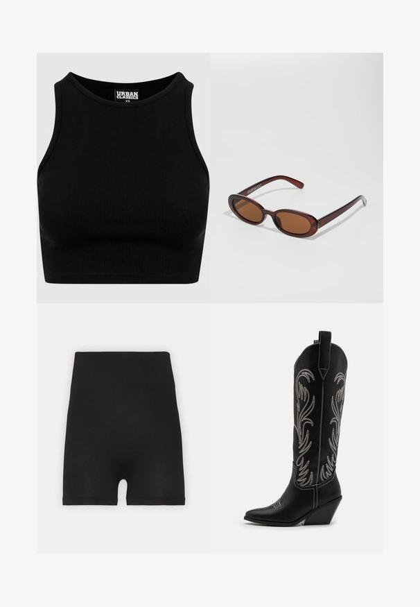 Črni rebrasti kratki top z okroglim izrezom in brezrokavnim dizajnom. Narejen iz raztegljive, teksturirane tkanine. Etiketa nosi napis "Urban Classics."; Črne rebraste kolesarske hlače z visokim pasom in mehko teksturo, z gladko površino in brez vidnih šivov.; Črne usnjene kavbojske čevlje s koničastimi prsti, klinastimi petami in srebrnimi vezeninami cvetnega vzorca po vsej dolžini. Kontrastno šivanje povsod.; Okrogle, rjavo obarvane sončne naočare z sijočim burgundskim okvirjem. Tanek nosilec s subtilnim logotipom. Oblika leč je ravna.