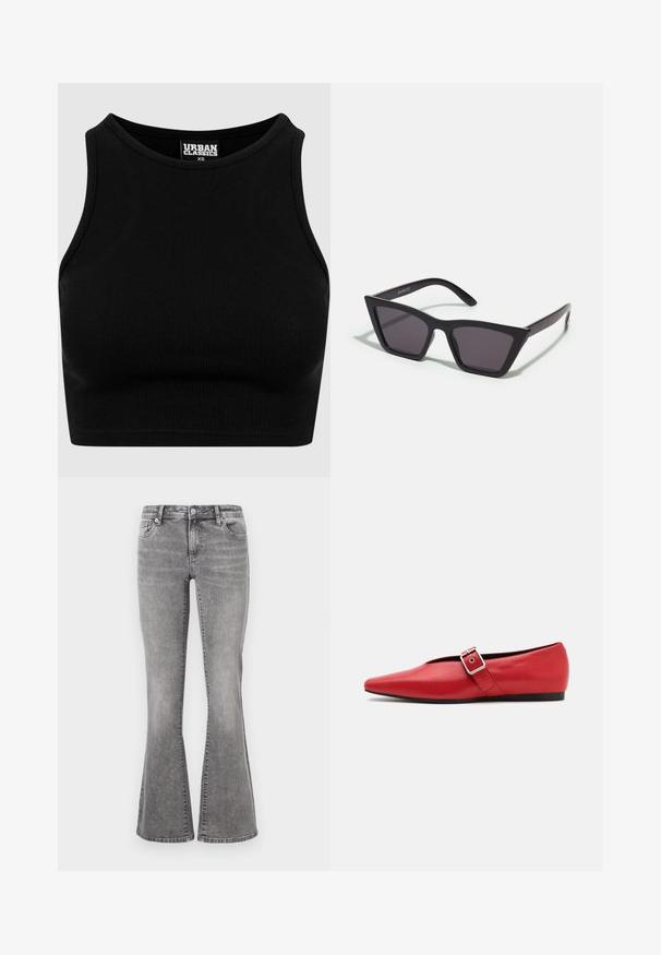Black ribbed cropped top with a round neckline and sleeveless design. Made from a stretchy, textured fabric. Label reads "Urban Classics."; Gray denim flared jeans with a mid-rise waist, five pockets, and a faded wash. Features a button closure and belt loops.; Red leather flat shoe with a pointed toe, featuring a side strap with a metal buckle and a low black heel. Smooth texture throughout.; Black, angular sunglasses with gray lenses; made of plastic, featuring thick arms with a smooth surface and no visible hardware.