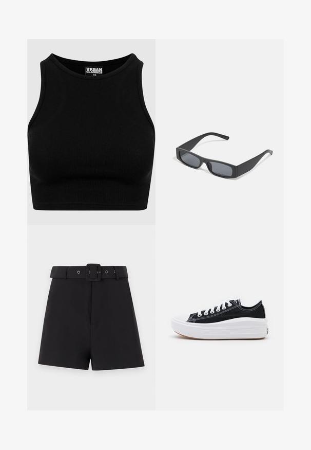Top court côtelé noir avec un col rond et sans manches. Fabriqué en tissu extensible et texturé. Étiquette mentionne "Urban Classics."; Shorts noirs en tissu lisse avec une large ceinture à passants et une fermeture à boucle carrée, conçus avec une coupe ajustée.; Baskets en toile noires avec des lacets blancs, un embout en caoutchouc blanc et une semelle intermédiaire blanche épaisse. Présentent des coutures blanches discrètes et une semelle en gomme.; Lunettes de soleil noires rectangulaires avec des verres foncés et des montures en mat épais. Les branches sont légèrement effilées avec une texture lisse.