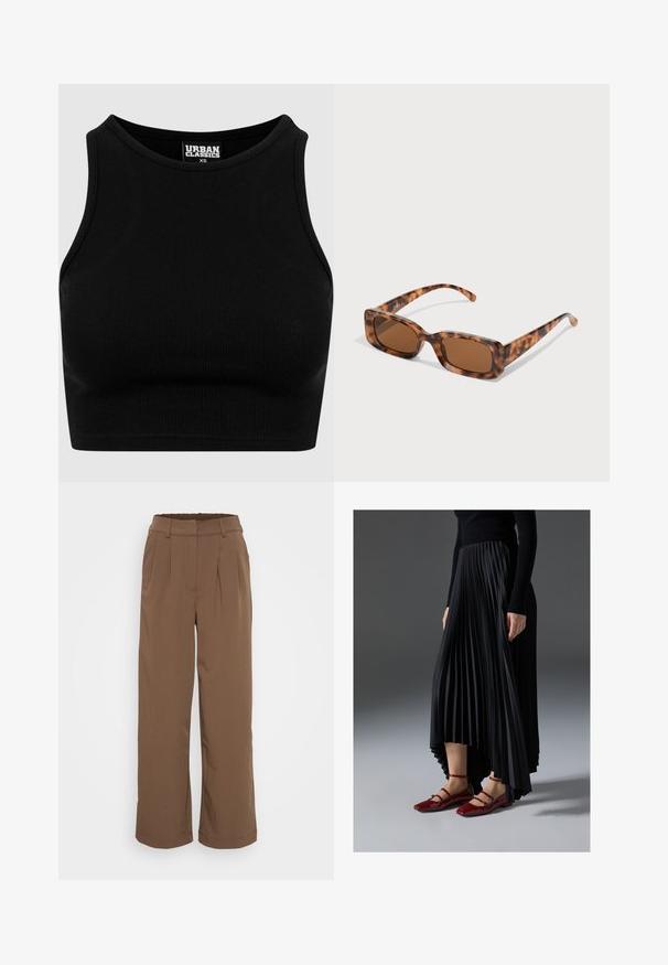 Top cropt de culoare neagră, cu textură rib-altă, guler rotund și fără mâneci. Fabricat dintr-un material elastic, texturat. Eticheta indică "Urban Classics."; Pantaloni largi maro cu pliuri, talie elastică și textură netedă. Prezintă un design clasic potrivit pentru diverse ținute.; Fustă pliată neagră cu un tiv înalt-jos, asortată cu balerini roșii strălucitori cu un design cu curea. Tesătura are o textură netedă.; Ochelari de soare cu rama țestoasă, cu lentile rectangulare maro, o ramă groasă și brațe subțiri, prezentând un model cu nuanțe variate de maro.