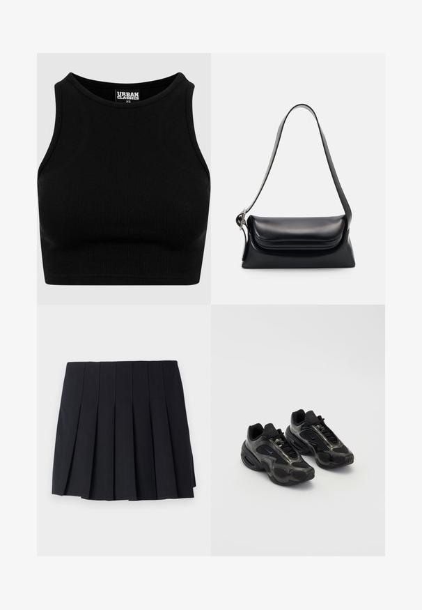 Top court côtelé noir avec un col rond et sans manches. Fabriqué en tissu extensible et texturé. Étiquette mentionne "Urban Classics."; Jupe plissée noire en tissu doux. Présente des coutures verticales et une taille élastique pour le confort. Longueur mi-cuisse, design minimaliste.; Chaussures de sport noires en matériau synthétique, avec des accents en mesh et des semelles arrondies. Équipées d'un système de laçage et d'un logo Nike bien visible sur la languette.; Sac à main en cuir noir avec une forme structurée, une texture lisse et une seule bandoulière. Présente un design de rabat arrondi et subtil.; Montre à quartz Casio argentée avec un cadran rectangulaire, affichages analogiques et numériques, bracelet en acier inoxydable et caractéristiques de résistance à l'eau.