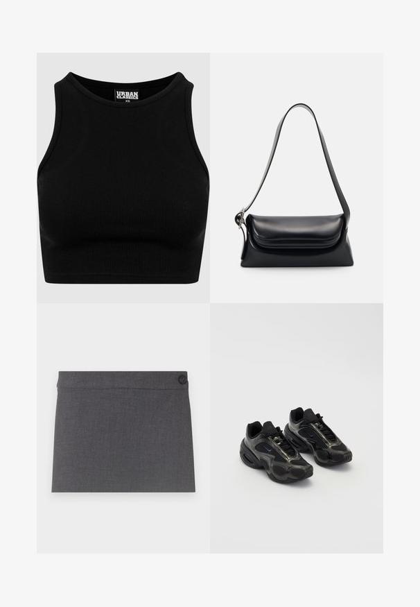 Czarny prążkowany krótki top o okrągłym dekolcie i bezrękawowym fasonie. Wykonany z elastycznej, teksturowanej tkaniny. Metka z napisem "Urban Classics."; Szara spódnica z materiału o gładkiej teksturze, prostym kroju i jednym czarnym guzikiem w pasie, o czystej i minimalistycznej estetyce.; Czarne buty sportowe wykonane z materiałów syntetycznych, z siateczkowymi akcentami i zaokrąglonymi podeszwami. Wyposażone w system sznurowania oraz wyraźne logo Nike na języku.; Czarna skórzana torebka o zorganizowanym kształcie, gładkiej fakturze i pojedynczym pasku na ramię. Posiada subtelną, zaokrągloną klapkę.; Srebrny zegarek kwarcowy Casio z prostokątną tarczą, wyświetlaczami analogowymi i cyfrowymi, stalową bransoletą oraz funkcjami wodoodporności.