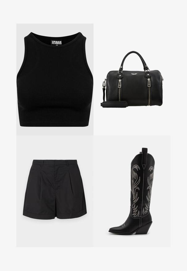 Must mustriba lõikega lühike must topp, ümmarguse kaelusega ja ilma varrukateta. Valmistatud venivast, tekstuuriga kangast. Etikett ütleb "Urban Classics."; Mustad lühikesed püksid, mis on valmistatud kerge ja sileda kangaga. Esiosas on voltide omadus, kohandatud siluett ja volditud äär.; Mustad mustad nahast cowboy saapad terava ninaga, vööndkanna ja hõbedaste tikanditega lillemustritega varred. Kontrastõmblused üle kogu.; Must have musta nahk käekott kahekordsete hõbedaste latstega, ülemised käepidemed, reguleeritav rihm ja nupukesed äärte ääres. Tekstureeritud viimistlus.