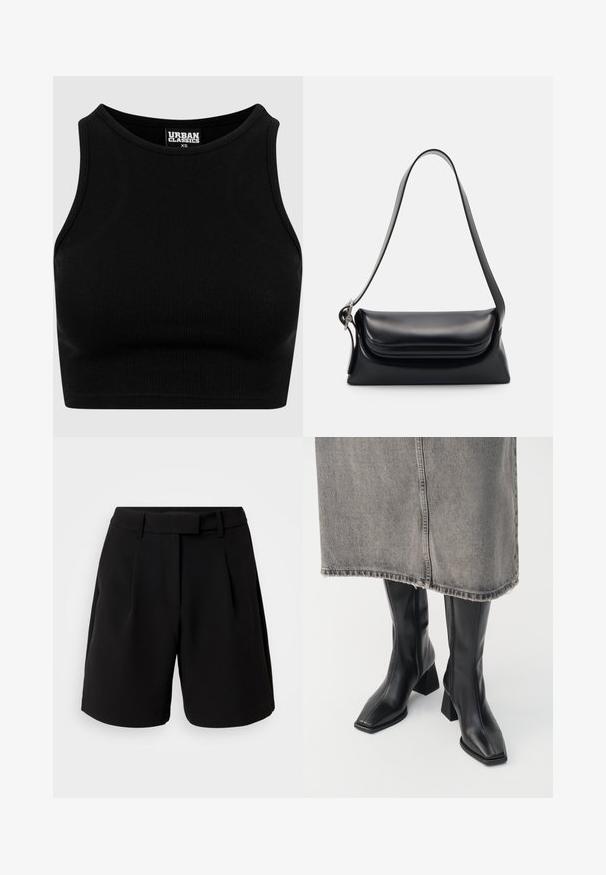 Juodas gumbuotis supjaustytas viršus su apvaliu iškirpimu ir be rankovių dizainu. Pagamintas iš tamprios, tekstūruotos medžiagos. Etikėtė sako "Urban Classics".; Juoda pritaikyta šortai, pagaminti iš lygios medžiagos, turintys aukštą juosmenį, klostes, diržo kilpas ir šonines kišenes, su tvarkinga išvaizda.; Juoda aukštaūgiai batai iš lygaus odos su kvadratiniu pirštu ir blokuotu kulnu. Dėvimi su pilku džinsiniu sijonu su nusigraužta apvadu.; Juodas odinis rankinės krepšys su struktūrizuota forma, glotnia tekstūra ir viena petneša. Pasižymi subtiliu, apvaliu dangčiu.; Sidabrinis Casio kvarcinis laikrodis su stačiakampiu ciferblatu, analoginiais ir skaitmeniniais rodmenimis, nerūdijančio plieno apyranke ir atsparumu vandeniui.