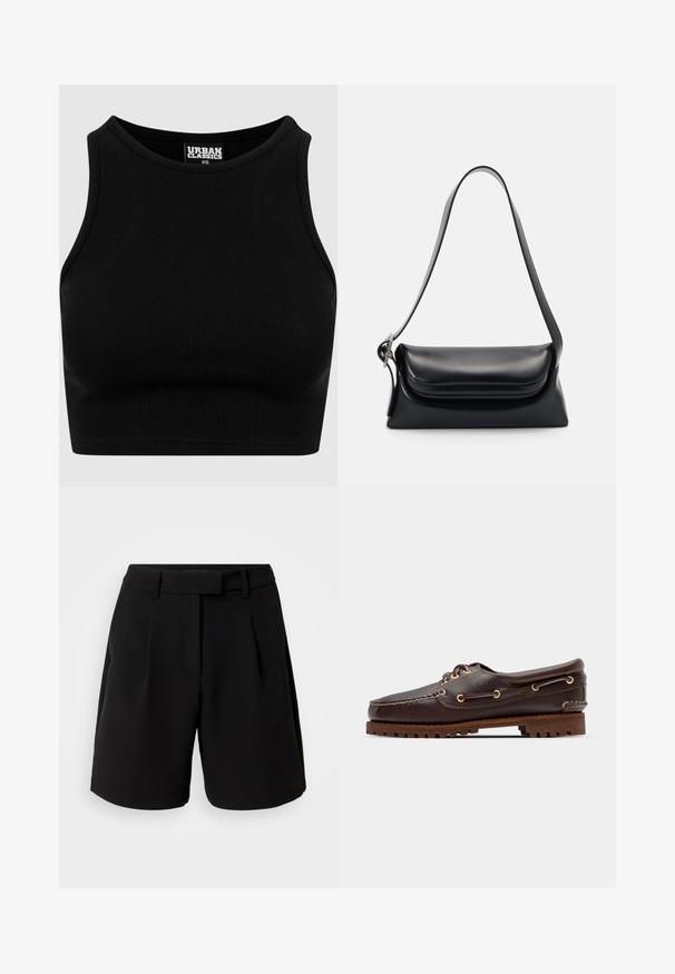Melnas ribētas īsās blūzes ar apaļu kakla izgriezumu un bez piedurknēm. Izgatavota no elastīga, teksturēta auduma. Uz birkas rakstīts "Urban Classics."; Melnas piegriezuma šortus, izgatavotus no gludas auduma, ar augstu jostasvītru, krokām, jostas cilpām un sānu kabatām, ar skaidru un vienkāršu dizainu.; Brūni ādas laivu zābaki ar zeltītām acīm, apaļām šņorēm un rakstainu brūnu gumijas zoli. Iekļauj izšūtas detaļas un paaugstinātu logo.; Melnas ādas rokassoma ar strukturētu formu, gludu tekstūru un vienu plecu siksnu. Raksturīga diskreta, noapaļota vāka dizains.