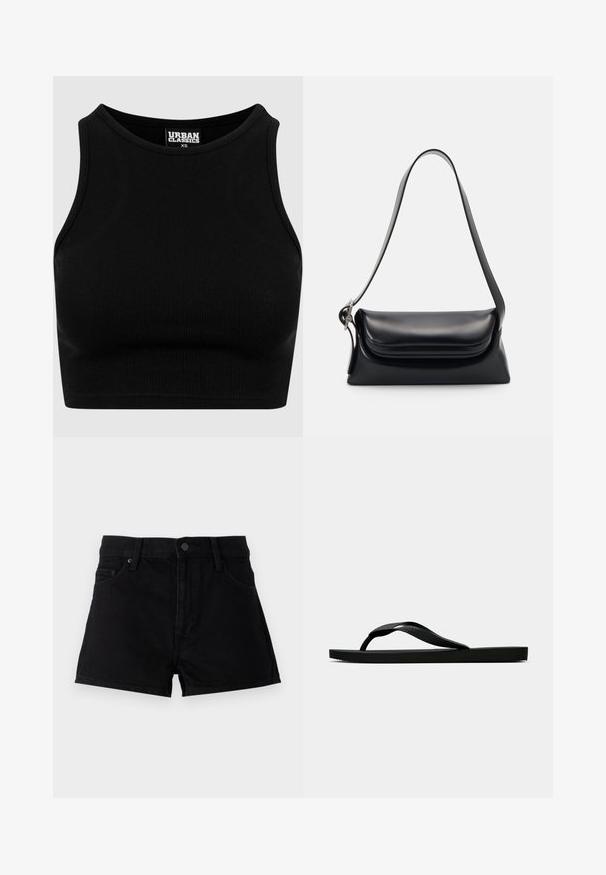 Top cropt de culoare neagră, cu textură rib-altă, guler rotund și fără mâneci. Fabricat dintr-un material elastic, texturat. Eticheta indică "Urban Classics."; Shorts din denim negre cu talie înaltă, design cu cinci buzunare, închidere cu buton și un finisaj curat fără embellishments.; Sandala flip-flop din cauciuc negru, cu un bretele texturat și o talpă simplă și plată, prezentată din lateral pe un fundal simplu și deschis.; Geantă de mână din piele neagră cu o formă structurată, o textură netedă și o singură curea de umăr. Are un design subtil cu clapetă rotunjită.