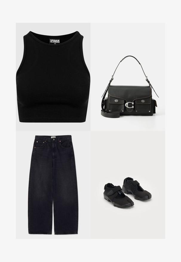 Black ribbed cropped top with a round neckline and sleeveless design. Made from a stretchy, textured fabric. Label reads "Urban Classics."; Wide-leg black denim jeans with copper buttons, two front pockets, and a smooth texture. Clean design with a straight cut.; Black water shoes made of flexible fabric with a Velcro strap, featuring a unique split-toe design and textured rubber sole for grip.; Black leather handbag with a flap closure, silver hardware, two front pockets, contrasting stitching, and a detachable shoulder strap.; Silver Casio quartz watch with rectangular face, analog and digital displays, stainless steel bracelet, and water-resistant features.