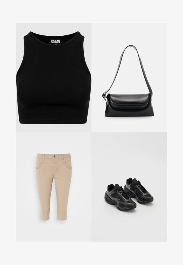 Črni rebrasti kratki top z okroglim izrezom in brezrokavnim dizajnom. Narejen iz raztegljive, teksturirane tkanine. Etiketa nosi napis "Urban Classics."; Bež kratke chinos hlače z gladko bombažno teksturo, ki imajo dva sprednja žepa in gumbasto zapiranje na pasu.; Črne atletske čevlje iz sintetičnega materiala, z mrežnimi dodatki in zaobljenimi podplati. Imajo sistem vezanja in izrazit Nike logotip na ježku.; Črna usnjena torbica z oblikovano strukturo, gladko teksturo in eno naramnico. Opremljena je z diskretnim, zaobljenim pokrovom.; Srebrna Casio quartz ura s pravokotno/png-iskonsko obliko, analogno in digitalno prikazovanje, jekleni pas in vodoodporne funkcije.