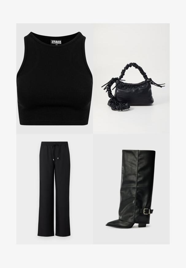 Melnas ribētas īsās blūzes ar apaļu kakla izgriezumu un bez piedurknēm. Izgatavota no elastīga, teksturēta auduma. Uz birkas rakstīts "Urban Classics."; Melnas platās bikses, kas izgatavotas no mīksta auduma, ar elastīgu jostasvietu un auklu, kā arī diviem maziem metāliskiem akcentiem.; Melni ādas potītes zābaki ar asu purngalu, gludu virsmu un sudraba sprādzi uz sāniem. Masīvs kvadrātveida papēdis.; Melnā mākslīgās ādas rokassoma ar krokodila rakstu, savilkta augšdaļa un saburzīta siksna. Izskatās mīksta un kompakta pēc dizaina.