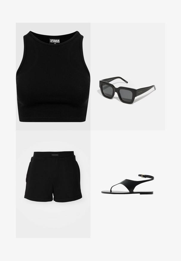 Mustan ribbattuidun lyhyen toppi, jossa on pyöreä kaula-aukko ja hihaton muotoilu. Valmistettu joustavasta, teksturoidusta kankaasta. Tunnuksessa lukee "Urban Classics."; Mustat puuvillashortsit, joissa on ribbireunus vyötäröllä, sivutaskut ja pyöristetyt helmat. Logo näkyy vyötäröllä.; Mustat litteät sandaalit, joissa on minimaalinen muotoilu, yhdellä hihnalla ja nilkkasoljella. Valmistettu sileästä materiaalista, jossa on litteä pohja.; Musta neliön muotoiset aurinkolasit tummilla linsseillä, paksusta muovista valmistettu runko ja tyylikkäät templet. Sivussa on hienostunut brändäys.