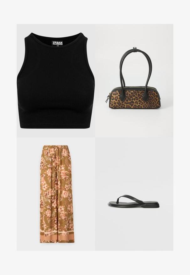Czarny prążkowany krótki top o okrągłym dekolcie i bezrękawowym fasonie. Wykonany z elastycznej, teksturowanej tkaniny. Metka z napisem "Urban Classics."; Kwiatowe spodnie typu wide-leg w oliwkowym kolorze z różowymi i kremowymi wzorami kwiatów. Posiadają elastyczny pasek w talii oraz kontrastowy dół.; Czarne klapki wykonane z gładkiej skóry, z cienkim paskiem i płaską podeszwą o minimalistycznym profilu. Brak widocznych wzorów lub akcentów.; Torebka w leopardzi wzór z czarnym podstawą z ekoskóry, podwójnymi uchwytami u góry, złotym zamkiem błyskawicznym i akcentowanymi czarnymi klapami z ekoskóry. Prostokątny kształt.