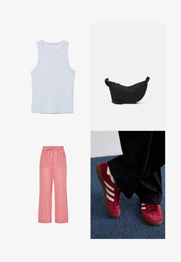 Svetlo modra brezrokavna majica iz mehkega bombažnega materiala. Ima okrogel izrez in gladke robove, brez vidnih vzorcev ali okraskov.; Rdeče in bele karirane hlače z ohlapnim krojem, elastičnim pasom in vrvico za zavezovanje. Tkanina ima gladko teksturo in kariran vzorec.; Rdeče semiš superge z belimi črtami, zavezovanje in strukturiran rjav gumijast podplat. Nosi se z črnimi hlačami, na modrem preprogi.; Črna tkaninska torba čez ramo s kružno obliko, z zadrgo, nastavljivim trakom in majhnim stranskim žepom za dodatno shranjevanje.