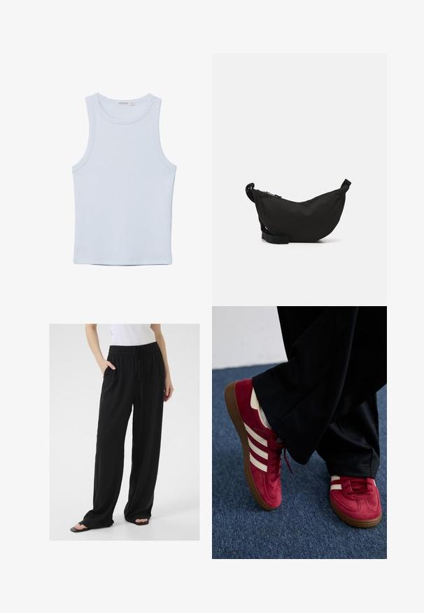 Jasnoniebieski, bezrękawnik wykonany z miękkiej bawełny. Posiada okrągły dekolt i gładkie krawędzie, bez widocznych wzorów ani akcentów.; Czarne, luźne spodnie wykonane z miękkiego materiału, z elastycznym paskiem w talii, regulowanym sznurkiem i bocznymi kieszeniami. Flarowane nogawki.; Czerwone zamszowe tenisky z białymi paskami, z zapięciem na sznurówki i teksturowaną brązową gumową podeszwą. Noszone z czarnymi spodniami, na tle niebieskiego dywanu.; Czarna torebka crossbody z wyprofilowanym kształtem, zamkiem błyskawicznym, regulowanym paskiem oraz małą boczną kieszonką na dodatkowe akcesoria.