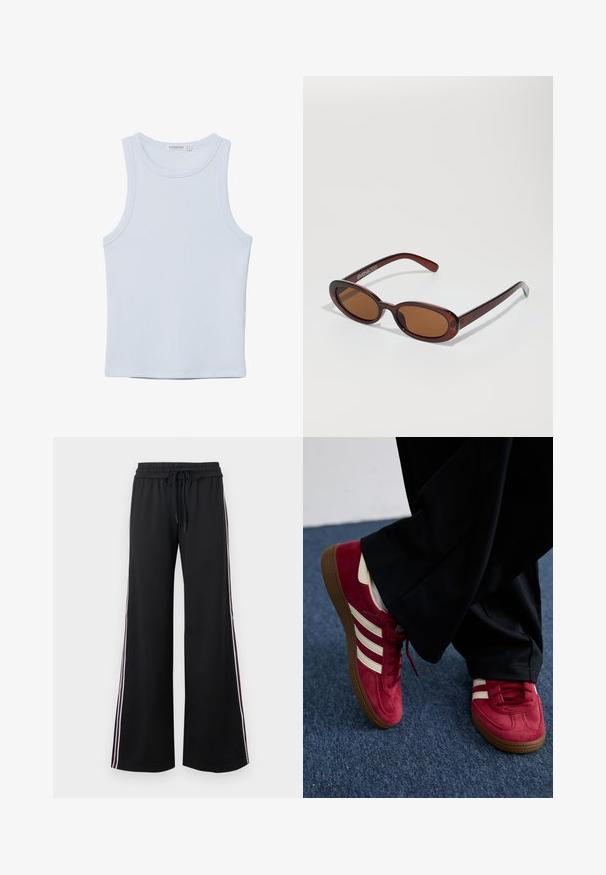Svijetloplava bezrukavna majica izrađena od mekog pamučnog materijala. Ima okrugli izrez i glatke rubove, bez vidljivih uzoraka ili akcenta.; Crne široke hlače napravljene od mekanog materijala s elastičnim pojasom i vezicom. Sadrže bijele i bordo bočne pruge za kontrast.; Crvene nubuk tenisice s bijelim prugama, s vezivanjem i hrapavim smeškim gumiranim đonom. Nošene uz crne hlače, smještene na plavom tepihu.; Okvir okruglih, smeđkastih sunčanih naočala s sjajnim burgundskim okvirom. Uski nositelji s suptilnim brendiranjem. Ravna leća.
