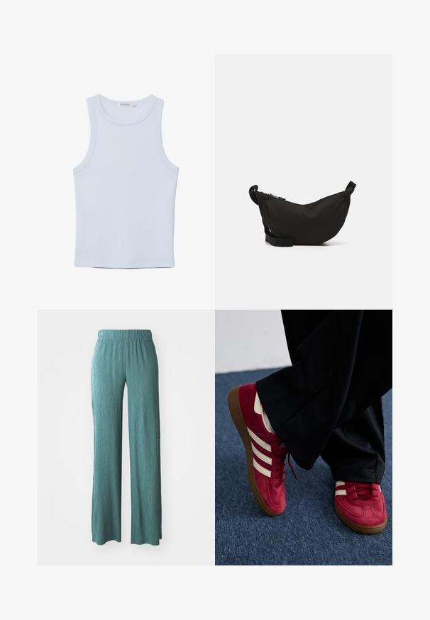 Canotta senza maniche di colore azzurro chiaro realizzata in morbido tessuto di cotone. Presenta un colletto tondo e bordi lisci, senza pattern o dettagli visibili.; Pantaloni larghi in un azzurro chiaro, realizzati in tessuto testurizzato con una vita elasticizzata, caratterizzati da una vestibilità rilassata e un taglio dritto.; Sneaker in suede rosso con strisce bianche, design con lacci e suola in gomma marrone testurizzata. Indossato con pantaloni neri, su un tappeto blu.; Borsa a tracolla nera in tessuto, con forma curva, chiusura con zip, tracolla regolabile e una piccola tasca laterale per ulteriore spazio di archiviazione.