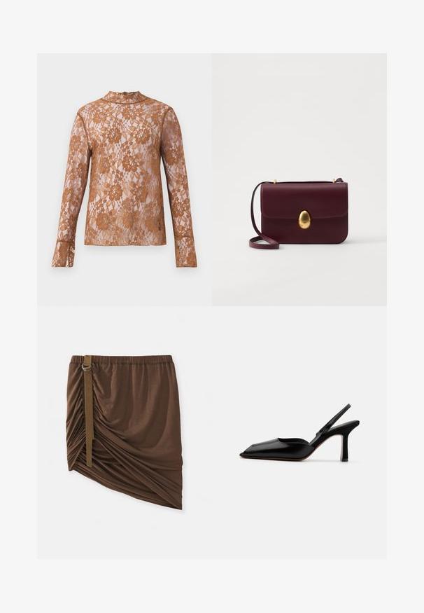 Garā piedurkņu blūze no caurspīdīgas brūnas mežģīnes ar ziedu rakstiem, augstu apkakli un pieguļošām piedurknēm. Caurspīdīga struktūra ar tekstūras detaļām.; Brūna, ceļgala garuma svārki, izgatavoti no mīkstas, vieglas auduma; ar raksotiem detaļām un sānu siksnu ar metālisku gredzenu.; Melnas ādas slingback kurpes ar norādītu purngalu, minimālisma dizainu, plānu potītes jostu un elegantām stiletto papēžiem. Gluda tekstūra.; Burgundijas ādas crossbody soma ar gludu tekstūru, ovālu zelta aizdari un regulējamu siksniņu, ar vienkāršu taisnstūra formu.