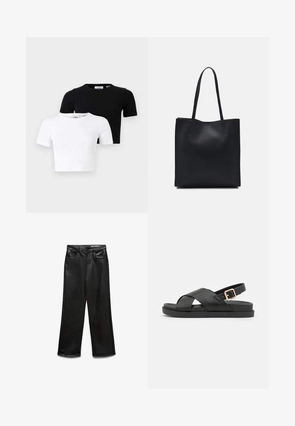 Set om två kortärmade korta T-shirts i svart och vitt, tillverkade av ribbat tyg med rund halsringning och en åtsittande design.; Svart byxa i bred modell av konstläder med framfickor, bälteshällor och subtil glans. Mjukt tyg och skräddarsydd passform.; Svarta slingback-sandaler med korsa remmar, tillverkade av texturerat material. Har en platt sula och en guldfärgad spänneaccent vid hälen.; Svart lädertoffelväska med slät textur, rektangulär form och två långa handtag. Ingen synlig hårdvara eller dekorationer.