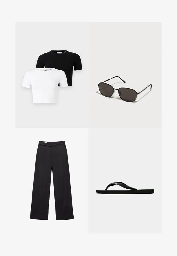 Két darab rövid ujjú, cropped T-shirt fekete és fehér színben, bordázott anyagból, kerek nyakkivágással és testhez simuló fazonnal.; Fekete, bő szárú nadrág könnyű anyagból. Lapos derékkal és két elülső zsebbel rendelkezik. Egyszerű, letisztult design, minta nélkül.; Fekete gumipapucs, textúrált pánttal és egyszerű lapos talppal, oldalnézetből, világos háttér előtt.; Fekete fém napszemüveg ovális kerettel, sötét lencsékkel, karcsú szárakkal és diszkrét logóval a bal lencsén. Elegáns, minimalista dizájn.; Barna monogramozott bőr táska arany lánc pánttal, cipzáros zárással és lapos, téglalap alakú kivitelben. Az elülső oldalán logó van domborítva.