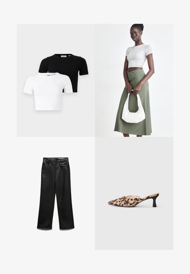 Divu īsās piedurkņu cropped T-kreklu komplekts melnā un baltā krāsā, izgatavots no ribota auduma ar apaļu kakla izgriezumu un pieguļošu dizainu.; Plašas melnas mākslīgās ādas bikses ar kabatām priekšpusē, jostas cilpām un nelielu spīdumu. Gluda tekstūra un piegriezts siluets.; Zābaks ar norādītu purngalu, ar leoparda raksta virsu un zemu melnu kaķenītes papēdi uz gaiša fona.; Pelēks ribots īsais tops un olīvzaļš augstās vidukļa svārki. Modelis tur baltu plecu somu ar izgriezumiem. Vienkāršs dizains, pieguloša silueta.