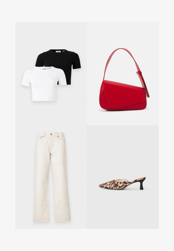 Két darab rövid ujjú, cropped T-shirt fekete és fehér színben, bordázott anyagból, kerek nyakkivágással és testhez simuló fazonnal.; Bő szárú, magas derekú farmer világos bézs színben. Zsebekkel, elülső gombos záródással és ellentétes színű varrással a varratok mentén.; Rókatalpas, leopardmintás felsőrésszel és alacsony fekete kislábheggyel rendelkező cipő világos háttér előtt.; Piros bőr kézitáska szögletes, geometrikus kialakítással. Egy állítható pánttal és varrott részletekkel ellátott fedélzárral rendelkezik.