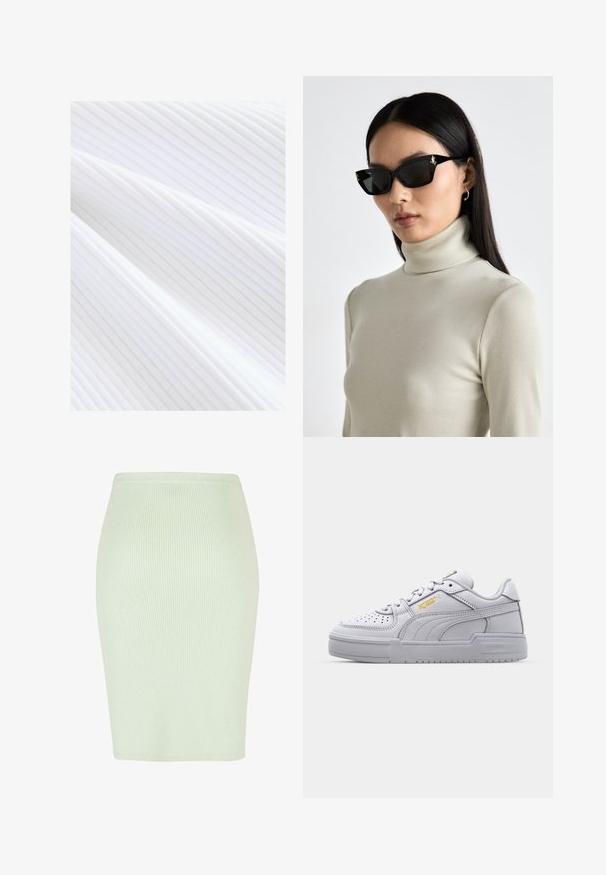 Biała, prążkowana tkanina z delikatnymi pionowymi liniami i gładką teksturą, układająca się w łagodne fałdy.; Dzianinowa spódnica ołówkowa w jasnym miętowym kolorze z pionowym prążkowanym wzorem, dopasowanym kroju i gładkim paskiem w talii. Idealna zarówno na co dzień, jak i na formalne okazje.; Szare skórzane sneakersy z perforowanymi detalami, wyściółką przy kołnierzu, płaskimi sznurówkami oraz złotymi akcentami z logo. Posiadają grubą podeszwę oraz teksturowaną boczną ściankę.; Czarne prostokątne okulary przeciwsłoneczne z grubymi oprawkami, z akcentami złotego sprzętu. Model nosi jasny beżowy sweter z prążkowanym kołnierzem.