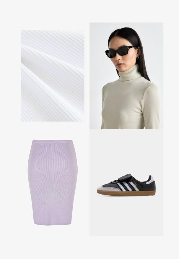 Biely rebrovaný textil s jemnými vertikálnymi líniami a hladkou textúrou, splývajúci v jemných záhyboch.; Prúžkovaná ceruzková sukňa v svetlofialovej farbe s priliehajúcim strihom. Obsahuje vysoký pás, hladkú textúru a dĺžku po kolená.; Čierne kožené a šedé semišové tenisky s bielymi pruhmi, gumovou podrážkou, šnurovaním vpredu a suchým zipsom. Obsahujú zlaté označenie "Samba".; Čierne obdĺžnikové slnečné okuliare s hrubými rámami, so zlatými hardvérovými akcentmi. Modelka má na sebe svetlobežovú rebrovanú rolákovú blúzku.