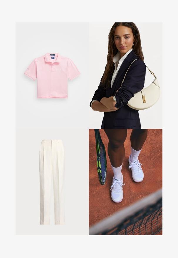 Rosa Polo-Shirt mit klassischem Kragen, kurzen Ärmeln und gesticktem Logo auf der Brust. Glattes Baumwollmaterial mit einem gekürzten Design.; Polo Ralph Lauren HEMP WIDE LEG PANT - Stoffhose - nevis; Weiße Tennisschuhe mit Netzpaneelen und pinken Akzenten, kombiniert mit weißen Socken, platziert auf einem Sandplatz mit einem nahegelegenen Tennisschläger.; Weißes Lederhandtasche mit geschwungener Form, goldenen Beschlägen und strukturiertem Finish, getragen über einem dunklen Blazer und einem weißen Hemd.