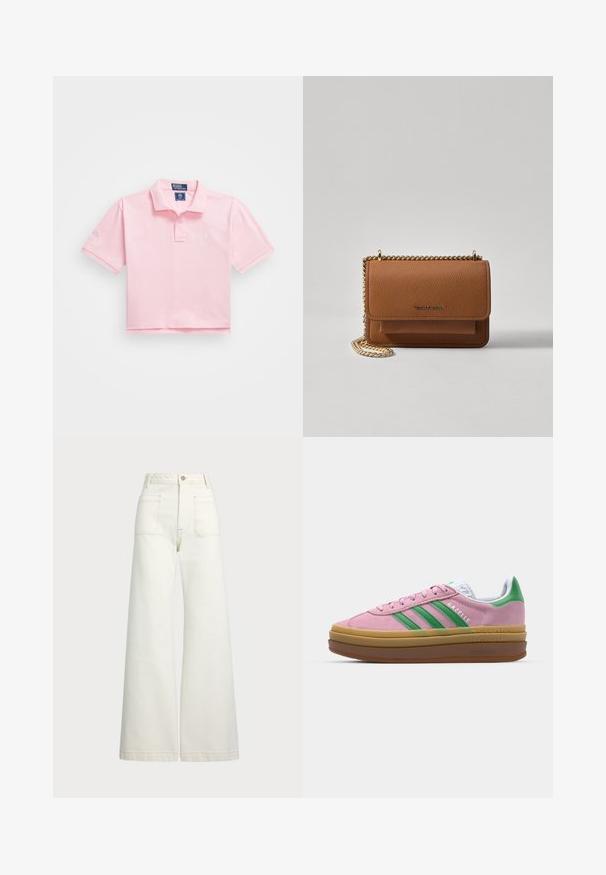 Cămașă polo roz cu guler clasic, mâneci scurte și logo brodat pe piept. Material din bumbac neted, cu un design scurt.; Jeans cu picioare late din denim alb-crem. Design cu talie înaltă, cu închidere prin nasture, două buzunare frontale și detalii cu cusături contrastante.; Sneakers din suede roz cu dungi verzi, accente albe și o talpă din cauciuc brun. Prezintă un material texturat și detalii cu logo pe lateral.; Geantă crossbody din piele texturată maro, cu curea din lanț aurit și închidere cu clapetă. Partea din față prezintă detalii cu logo și o buzunar sub clapetă.