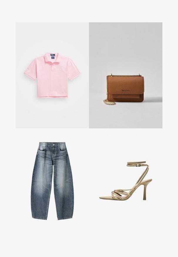 Polo rosa con colletto classico, maniche corte e logo ricamato sul petto. Materiale in cotone liscio con un design corto.; Jeans a gamba larga in denim azzurro chiaro con sfumature, dotati di design a cinque tasche, chiusura con bottone e dettagli di cucitura minimal.; Sandali con tacco alto beige in suede, con punta appuntita, cinturini intrecciati e cinturino alla caviglia regolabile. Tacco testurizzato con righe verticali.; Borsa a tracolla in pelle marrone con texture, dotata di catena dorata e chiusura a pattina. Sul davanti presenta un dettaglio con logo e una tasca sotto la pattina.