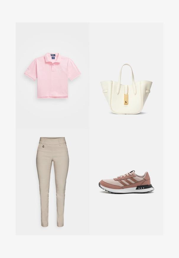 Polo rosa con colletto classico, maniche corte e logo ricamato sul petto. Materiale in cotone liscio con un design corto.; Pantaloni slim-fit beige con vita alta, dotati di una tasca frontale, cuciture decorative e dettagli in hardware di tonalità argentata.; Scarpe da ginnastica rosa chiaro con parte superiore in rete beige, dettagli in pelle marrone, suola nera e logo con tre strisce. Punta arrotondata e design con lacci.; Borsa tote in pelle bianca con forma strutturata, cuciture evidenti, etichetta in metallo dorato e manici doppi. Superficie testurizzata con tasche laterali.
