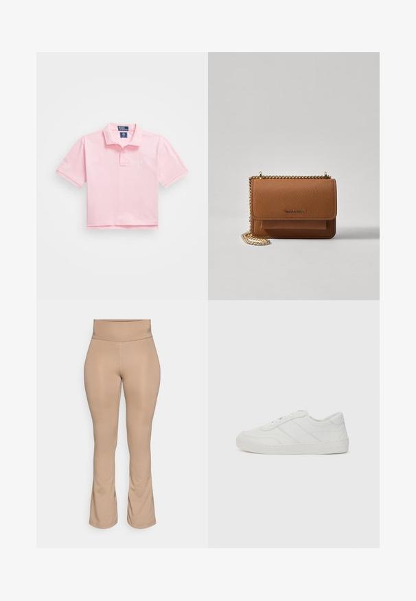 Ružový polo tričko s klasickým golierom, krátkymi rukávmi a vyšitým logom na hrudi. Hladký bavlnený materiál s skráteným dizajnom.; Nohavice vo farbe nahých tónov s vysokým pásom, rozšíreným lemom, hladkou textúrou a bez viditeľných vzorov alebo kovových detailov.; Biele kožené tenisky s plochými šnúrkami, zaoblenou špičkou a jemnými detailami stehmi. Majú štruktúrovanú podrážku a embosované logo značky na päte.; Hnedá textúrovaná kožená taška cez telo s zlatým reťazovým popruhom a preklopným uzáverom. Predná strana obsahuje detail s logom a vrecko pod preklopkou.