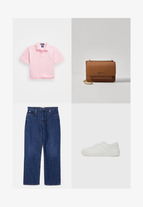 Ružový polo tričko s klasickým golierom, krátkymi rukávmi a vyšitým logom na hrudi. Hladký bavlnený materiál s skráteným dizajnom.; Tmavomodré džínsy s vysokým pásom, rovnými nohavicami, piatimi vreckami a striebornými detailmi. Obsahujú jemné blednutie a šité švy.; Biele kožené tenisky s plochými šnúrkami, zaoblenou špičkou a jemnými detailami stehmi. Majú štruktúrovanú podrážku a embosované logo značky na päte.; Hnedá textúrovaná kožená taška cez telo s zlatým reťazovým popruhom a preklopným uzáverom. Predná strana obsahuje detail s logom a vrecko pod preklopkou.
