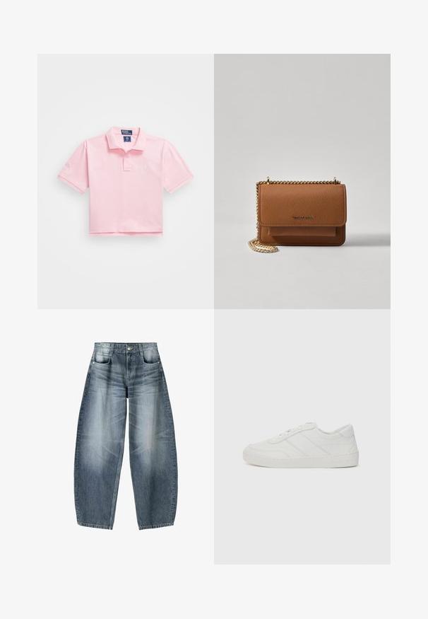 Cămașă polo roz cu guler clasic, mâneci scurte și logo brodat pe piept. Material din bumbac neted, cu un design scurt.; Blugi evazați din denim albastru deschis cu estompare, având un design cu cinci buzunare, închidere cu nasturi și detalii de coasere minime.; Pantofii sport din piele albă cu șireturi plate, vârful rotunjit și detalii de cusătură subtile. Dispun de o talpă texturată și un logo de marcă embosat pe călcâi.; Geantă crossbody din piele texturată maro, cu curea din lanț aurit și închidere cu clapetă. Partea din față prezintă detalii cu logo și o buzunar sub clapetă.