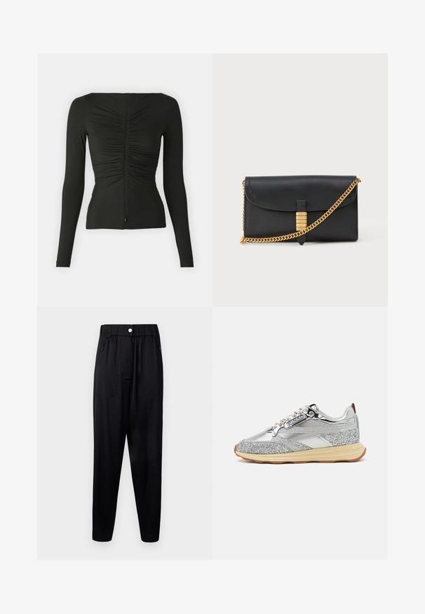 Langermet svart topp laget av elastisk stoff, med glidelås foran, rynket tekstur, og tettsittende silhuett.; Sorte bukser laget av glatt, lett stoff. Har elastisk midje, sidelommer og smale bein for avslappet passform.; Sølv joggesko med glitrende tekstur, kontrasterende glatte paneler og en gummisåle. Merkevaren er detaljert på siden.; Svart skinnkoffert med brett-flap, gullkjedehank og dekorativt gullakcent med hevede bokstaver, glatt tekstur.