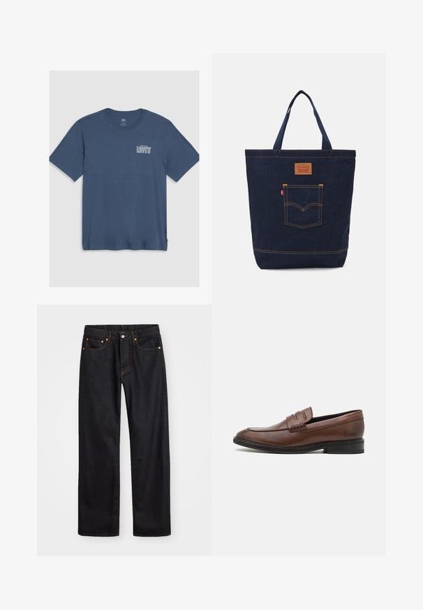 Kék pamut póló, kerek nyakkivágással és rövid ujjal. A bal mellen fehér "Levi's" logó található. Egyszerű dizájn.; Férfi egyenes szabású fekete farmernadrág öt zsebbel és narancssárga varrással, gombos és cipzáros záródással elöl.; Barna bőr loaferek sima felülettel, lekerekített orral és díszes varrással az elején. Fekete gumitalp.; Sötétkék farmer bevásárlótáska két fogantyúval, látható varrással és egy elülső zsebbel, amelyen klasszikus logó folt található.