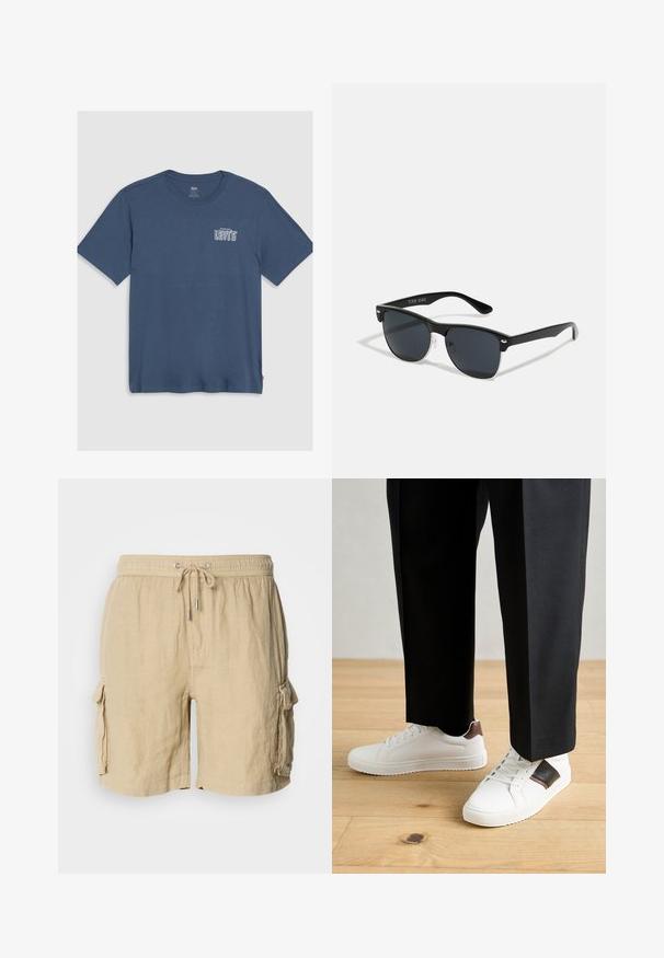 Zila kokvilnas T-kreklu ar apaļu kaklu un īsām piedurknēm. Baltā "Levi's" logo ir izdrukāts kreisajā krūšu daļā. Vienkāršs dizains.; Beige kravas šorti, kas izgatavoti no viegla auduma ar elastīgu jostu un auklu. Satur divas sānu kabatas un strukturētu apdari.; Baltā pārsoļa apavi ar gludu tekstūru, papildināti ar brūniem ādas akcentiem un melniem elementiem, savienoti ar melnām pielāgotām biksēm. Koka grīdas fons.; Melnas saulesbrilles ar taisnstūra formu, tumšiem stenģiem, sudraba akcentiem pie tempļiem un matētu apdari uz rāmja.