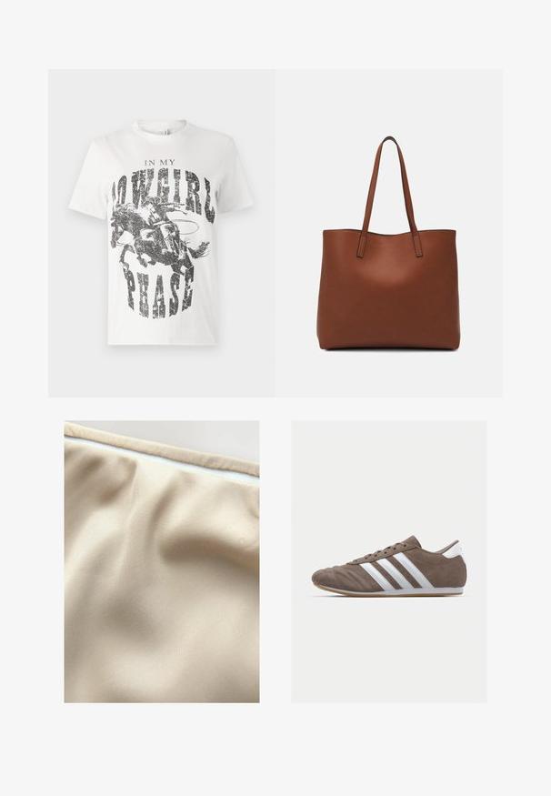 T-shirt en coton blanc avec un imprimé graphique d'un cheval et d'un cavalier, accompagné du texte "DANS MA PHASE DE COWGIRL" en lettres noires, grasses et usées.; Tissu beige avec une texture lisse, présentant de subtils plis et une fermeture éclair blanche contrastante le long du bord supérieur.; Chaussure de sport en suède brun avec des rayures blanches, bout rond, design à lacets et semelle en caoutchouc naturel. Empeigne texturée avec des détails de couture.; Sac fourre-tout en cuir marron avec une texture lisse, design à ouverture supérieure et deux poignées pour le porter à l'épaule. Présente des coutures minimales et aucun matériel visible.