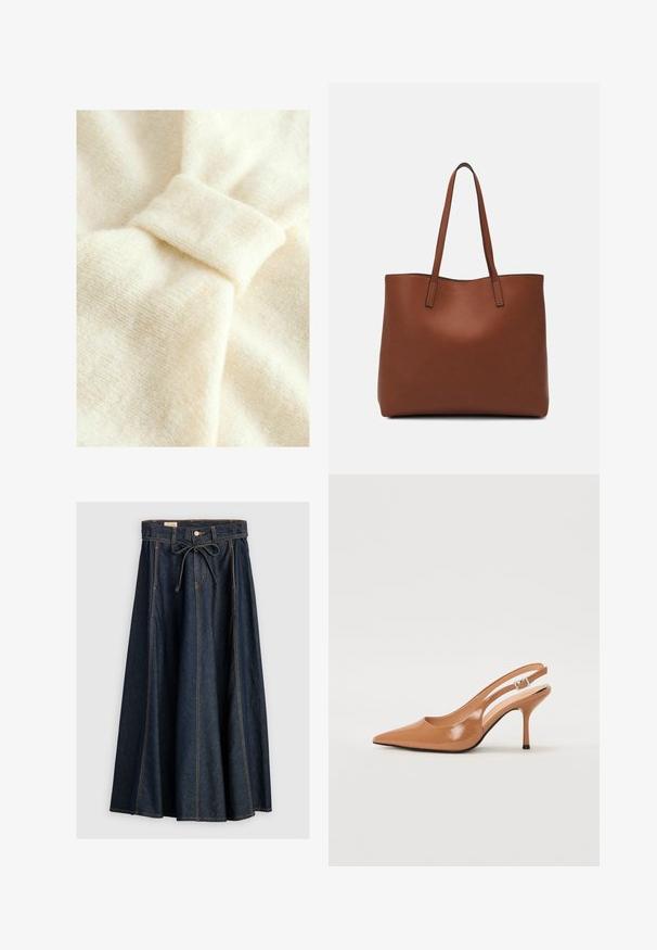 Krémová tkanina s jemnou textúrou, s výrazným uzlovým detailom a jemným tkaným vzorom.; Levi's® XL SKIRT - Denimová sukňa - square circle; Sandal s úzkym podpätkom a špicatou špičkou v hladkej lesklej hnedej materiáli. Obsahuje zakrivený výrez a štíhly ihlový podpätok. Strieborný prackový detail.; Hnedá kožená taška na rameno s hladkou textúrou, otvoreným vrchom a dvoma ramenými popruhmi. Má minimálne šitia a žiadne viditeľné kovania.